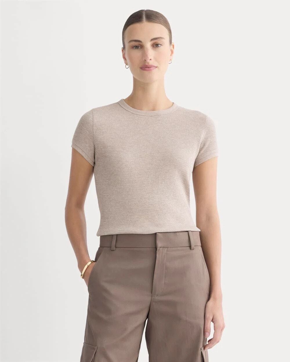 Everlane Cream Colored Ruffle Hem Ribbed T-Shirt Natural Cotton Size XL